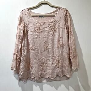 Elani Baldi Silk sheer Embroidered shirt pink small Italian 3/4 sleeve boho